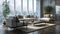 Interior of spacious living room in a modern luxury apartment. Hardwood floor, beige upholstered furniture, vintage rug
