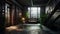 Interior of a spacious loft with brick walls, large window, staircase, and a swimming pool inside the room. Generative AI