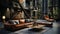 Interior of spacy loft style living room in luxury cottage. Dark grunge walls, leather cushioned furniture, wooden