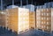 Interior of Storage Warehouse. Stacked of Package Boxes Wrapped Plastic Flim on pallet rack.