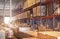 Interior of storage warehouse with tall shelves. Cargo shipment boxes.