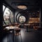 Interior of stylish cafe with black walls, concrete floor, round wooden tables with chairs and round window with city view. ai