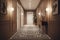 Interior of stylish hallway with rug. Generative AI