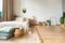 Interior of stylish loft. spacious apartment with large windows, parquet on the floor and light walls. closeup view of shelving