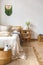 Interior of stylish loft. spacious apartment with large windows, parquet on the floor and light walls. closeup view of shelving