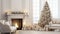 interior of stylish white living room with lovely fireplace, Christmas tree, and holiday decor