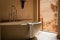 Interior of sunny, modern bathroom with beautiful designer bath