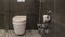 The interior of the toilet room. A white toilet bowl against a black tiled wall.