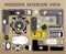 Interior top view icons set. Realistic interior furniture elements.