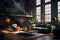 Interior of a trendy urban loft with high ceilings, exposed brick walls, and industrial-inspired decor, combining modern