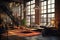 Interior of a trendy urban loft with high ceilings, exposed brick walls, and industrial-inspired decor, combining modern
