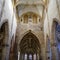 Interior Ulm Minster, main aisle with fresco paintings and Jesus in Ulm Cathedral. Ulmer Muenster, Baden-Wuerttemberg, Germany