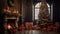 Interior of Victorian style living room with a fireplace, decorated Christmas tree and gift boxes