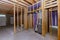 Interior view of a basement under construction home framing beam in home heating system