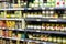 Interior view canned food products in cold storage  store