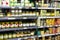 Interior view canned food products in cold storage  store