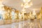 Interior view of luxury mirror room or hall decorated with chandelier