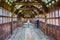 Interior view of medieval tudor long gallery in Little Moreton Hall in Moreton, Cheshire, UK