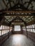 Interior view of medieval tudor long gallery in Little Moreton Hall in Moreton, Cheshire, UK