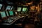 Interior view of a ship\\\'s cockpit with control panel and control panel, Control room of shipwreck, AI Generated