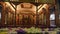 Interior view of Sri Dalada Maligawa, Kandy with ornate wood carvings, sacred Buddha Tooth relic behind gold gate