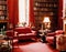Interior in vintage old style in red tones, library and sofa, with large window. AI generated