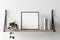 Interior wall mockup in minimalist style with trailing green plant and frame, books, decoration on wooden shaelf on empty white wa