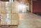 Interior of warehouse dock, Large pallet shipment boxes, Truck docking load cargo at warehouse