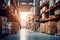 Interior of a warehouse with shelves filled with boxes, portraying a retail warehouse or storehouse with goods on pallets and