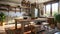 Interior of a warm kitchen with wooden table, light cabinets, green plants and oriental pendant lights, illuminated through a