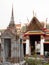 The interior of Wat Arun shows the work of Thai architecture on a rainy day, the sky is gray. Location: Bangkok, Thailand