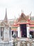 The interior of Wat Arun shows the work of Thai architecture on a rainy day, the sky is gray. Location: Bangkok, Thailand