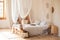 Interior white bedroom in boho  style with coffe table,straw lamp and comfortable bed with pillows, copy space. bed with flowing w