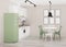 Interior with white classic kitchen with green fridge and light brick walls. 3D rendering.