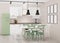 Interior with white classic kitchen with green fridge and light brick walls. 3D rendering.