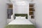 Interior in white-green colors, minimalism. double bed, bedroom comfort. Bright interior, Scandinavian style