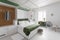 Interior in white-green colors, minimalism. double bed, bedroom comfort. Bright interior, Scandinavian style