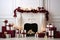 The interior of a white room with a fireplace and burgundy Christmas gifts