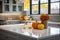 The interior of a white spacious kitchen decorated with yellow ripe pumpkins and flowers. Generated by AI