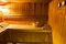 Interior of a wooden bed in a home sauna.