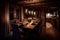 interior of wooden chalet big dining table on chalet in evening lights