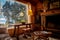 Interior of a wooden cozy and relaxing cabin with comfortable couches around the fireplace, country decoration