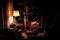 Interior of a wooden cozy and relaxing cabin with comfortable couches, country decoration, dimly lit by the fireplace