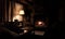 Interior of a wooden cozy and relaxing cabin with comfortable couches, country decoration, dimly lit by the fireplace