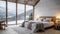 Interior of a wooden house in the mountains, a bed with pillows and a panoramic window AI-generated image