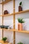 Interior wooden stand with shelves, plants, bowls and decorative elements.