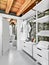 interiors of a bathroom with stone wall