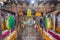 Interiors with colorful closet of traditional Tibetan historic building in Thiksay Gompa or Thiksay Monastery in Leh-Ladakh,