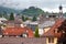 Interlaken. Aerial view of the city rooftops and mountains.