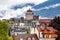 Interlaken. Aerial view of the city rooftops and mountains.